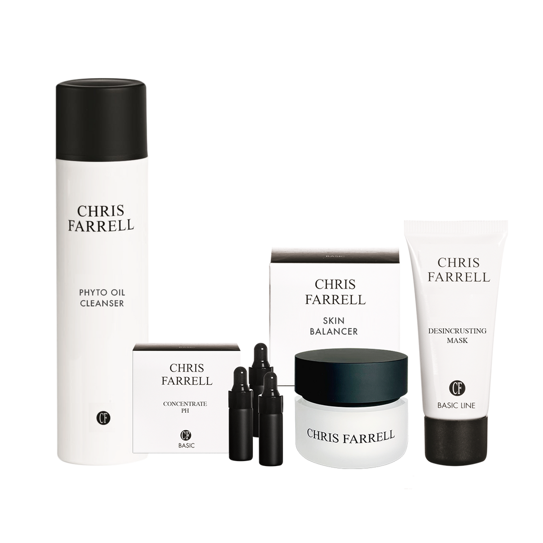 bestehend aus Phyto Oil Cleanser, Concentrate PH5, Set fettige Haut 4tlg. Skin Balancer und Desincrusting Mask.